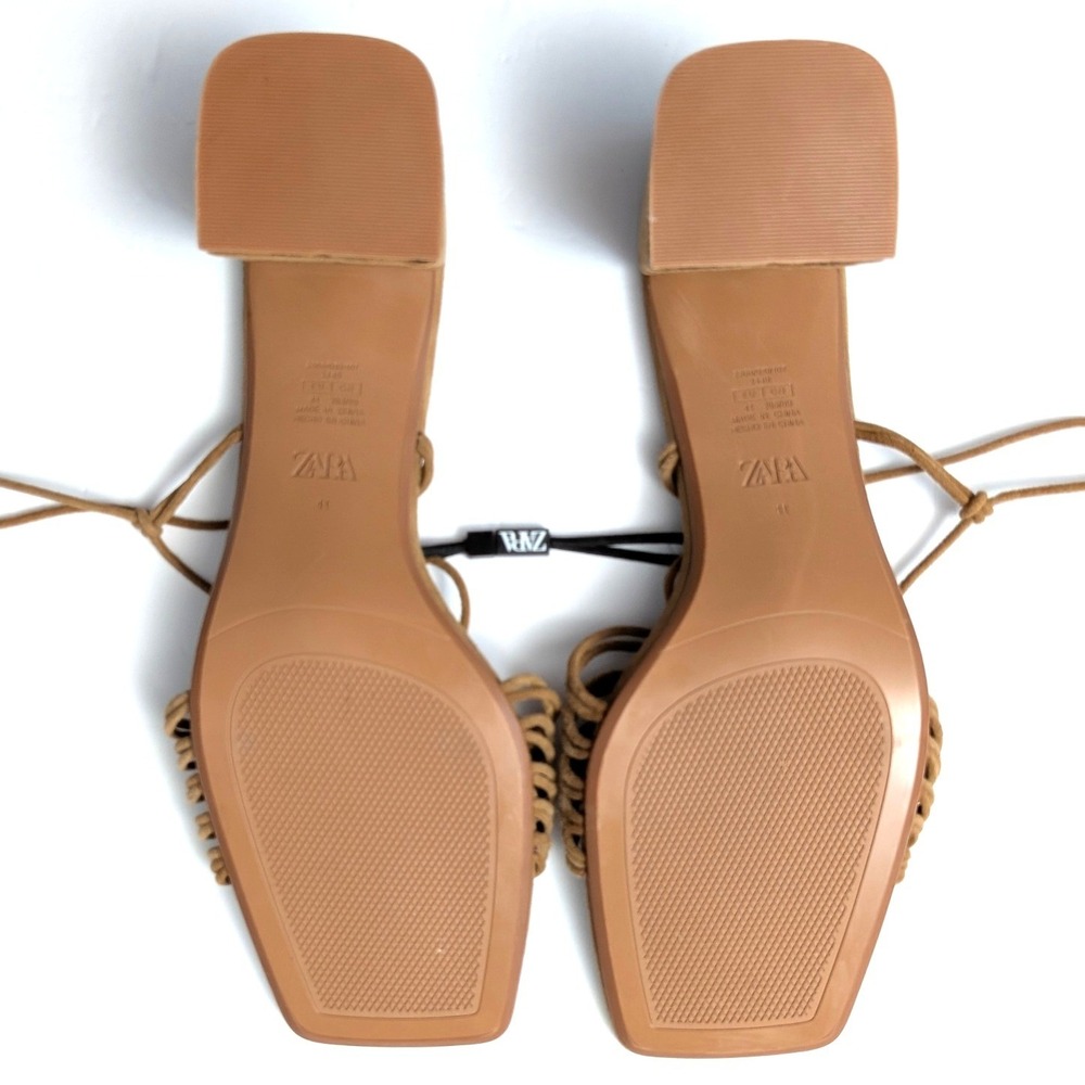 ZARA Lace Up Block Heel Sandals Brown Faux Suede Square Toe Strappy Sz 41 / 10.5 - Picture 5 of 14